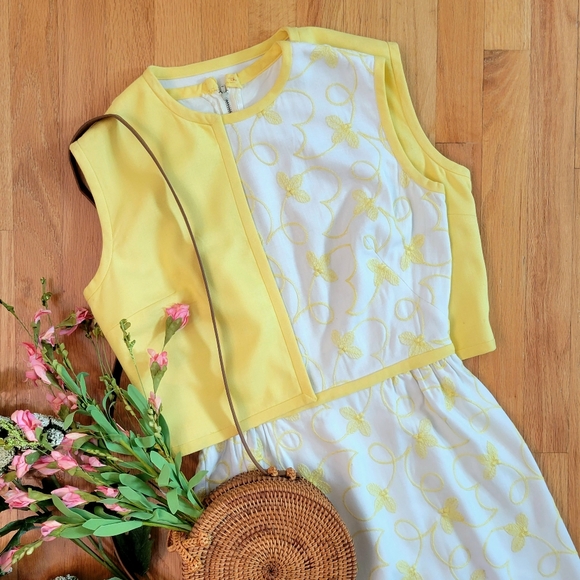 🐥 VTG Yellow & White 2-Pc Embroidered Dress Jacket Set Sz M - Picture 2 of 14